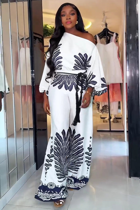One Shoulder Bell Sleeve Placement Print Wide Leg Jumpsuit-White [Pre Order]