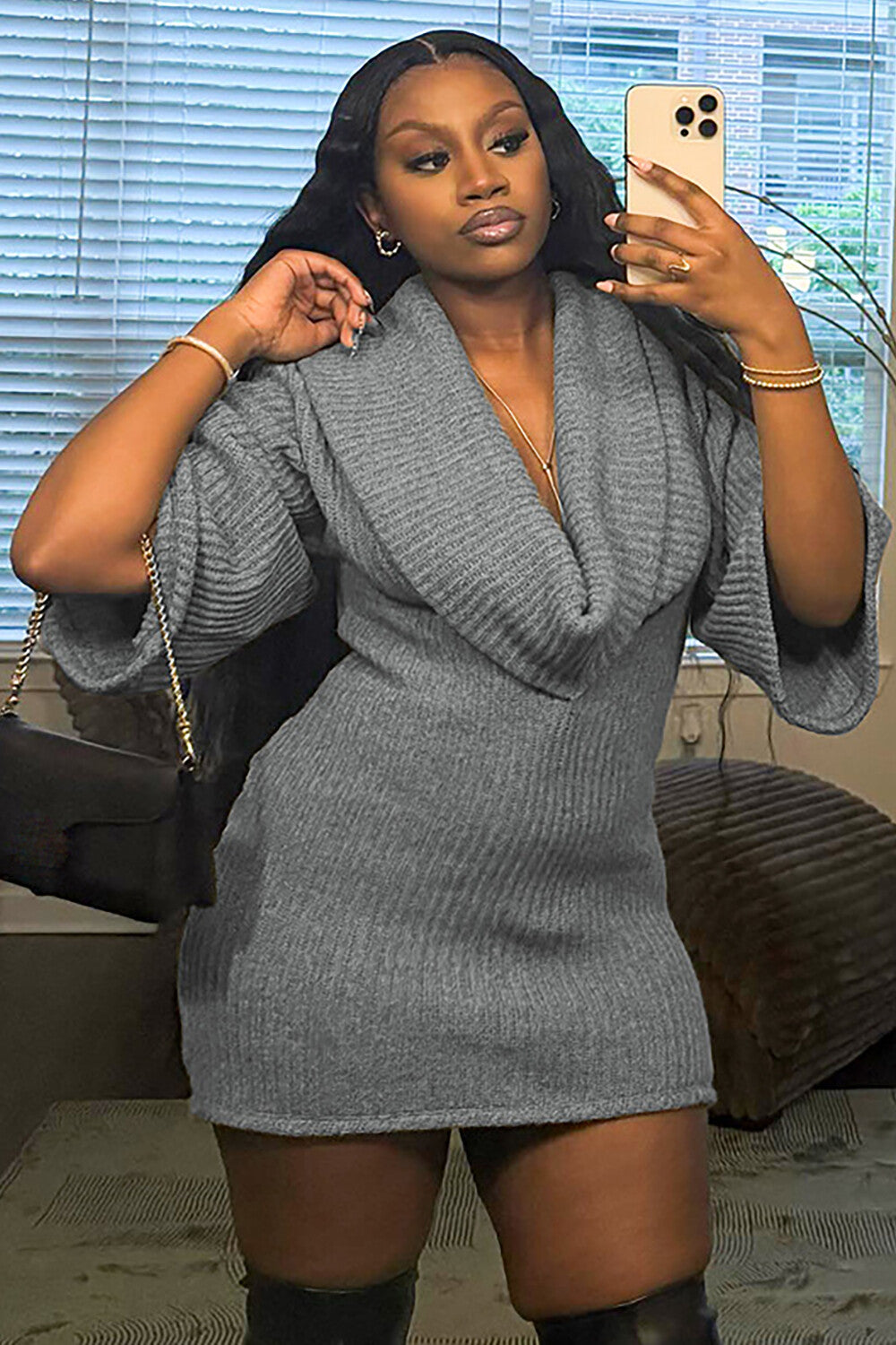 Cowl Neckline Half Sleeve Knit Bodycon Solid Color Sweater Mini Dresses-Gray