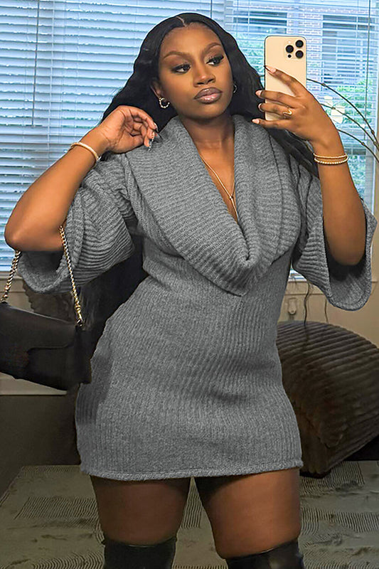 Cowl Neckline Half Sleeve Knit Bodycon Solid Color Sweater Mini Dresses-Gray