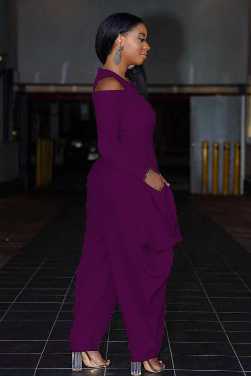 Cold Shoulder Half Zip Irregular Harem Casual Jumpsuit