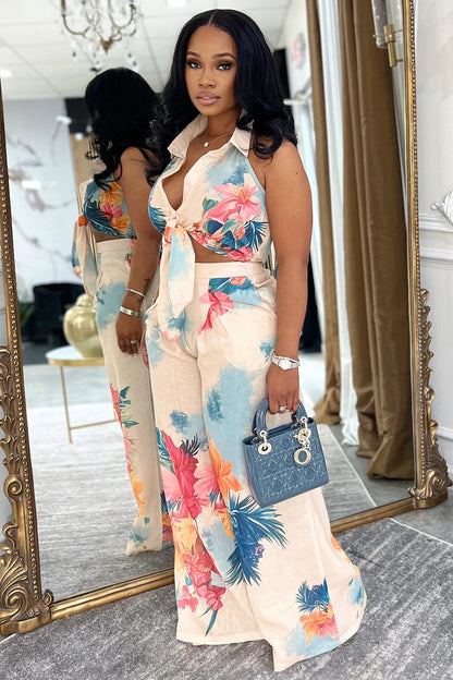 Floral Placement Print Knotted Top Wide Leg Pants 2pcs Set-Beige [Pre Order]