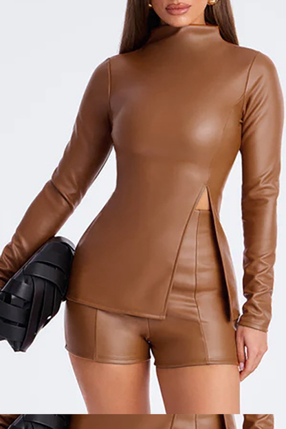 Faux Leather Stand Collar Long Sleeve Slit Top Shinny Shorts 2pcs Set-Black