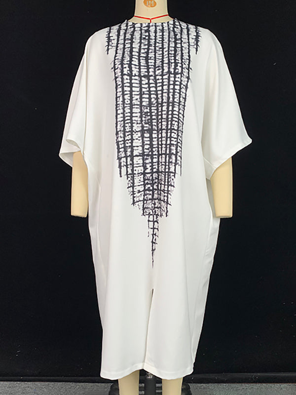 Loose Three-Quarter Sleeves Printed Split-Front Round-Neck Midi Dresses