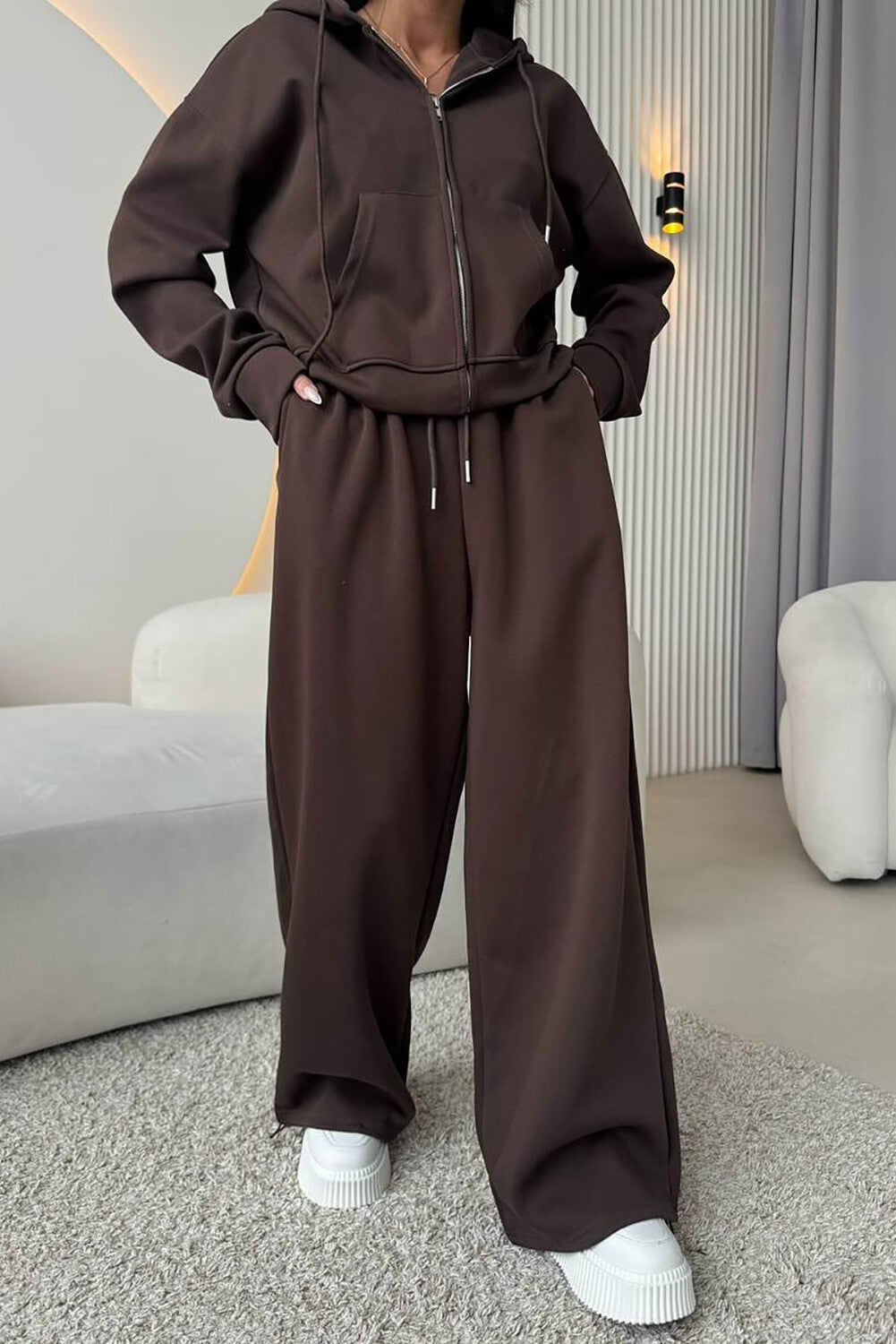 Zip-Up Hooded Track Jacket Solid Color Wide Leg Pants Matching Set-Pink