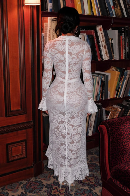 See Through Lace V Neck Ruffled Gowns Maxi Dresses-White [Pre Order]