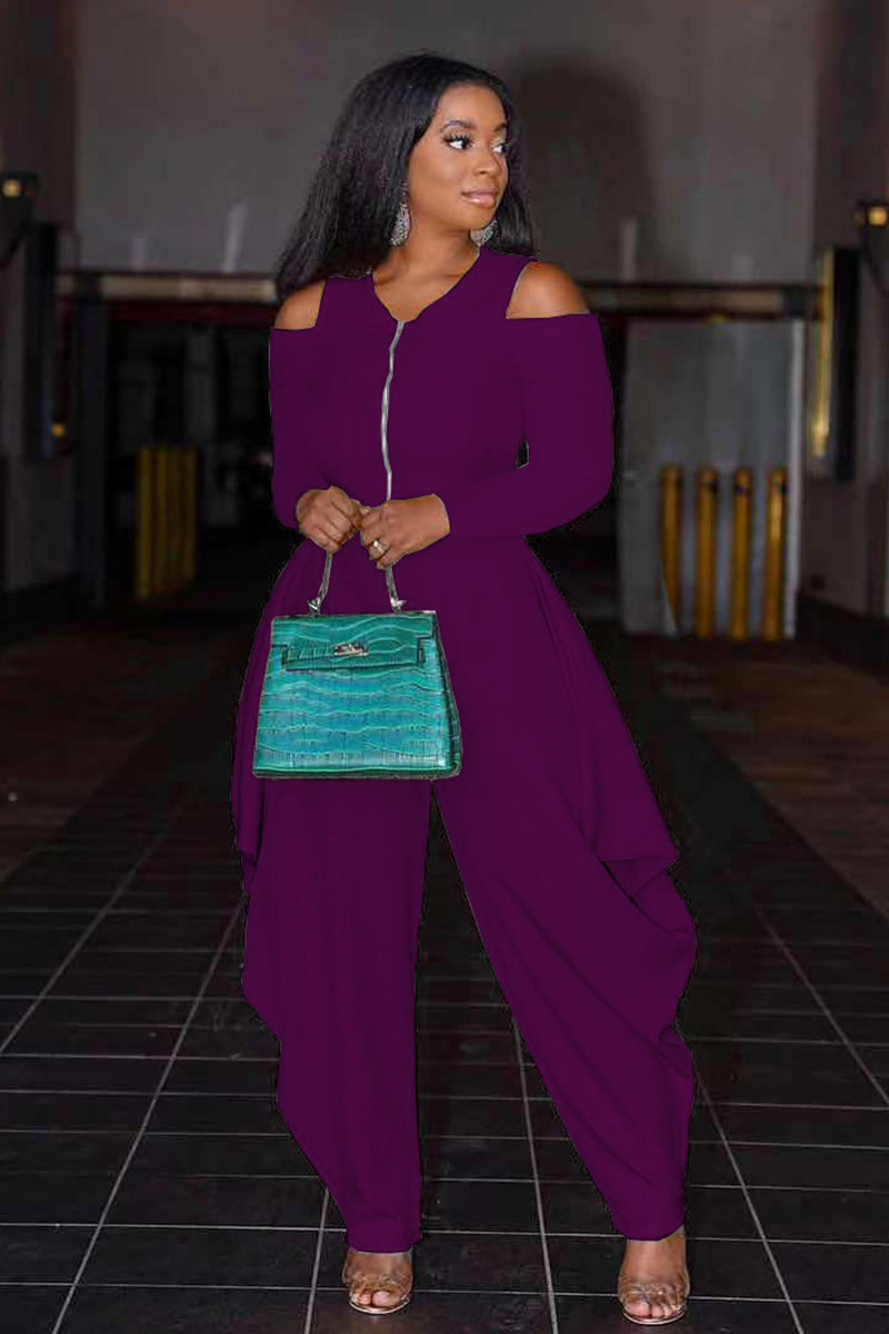 Cold Shoulder Half Zip Irregular Harem Casual Jumpsuit