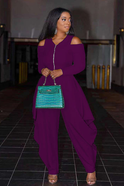 Cold Shoulder Half Zip Irregular Harem Casual Jumpsuit