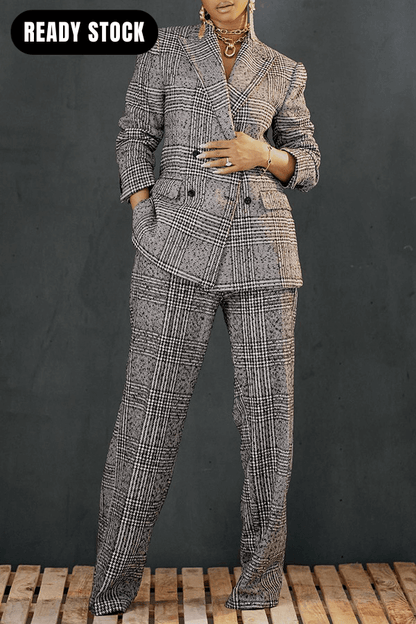 Fashion Plaid Double Breasted Blazer & Pants Set