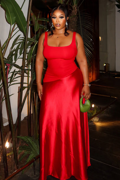 Square Neck Sleeveless Patchwork Formal Party Maxi Dresses-Red [Pre Order]