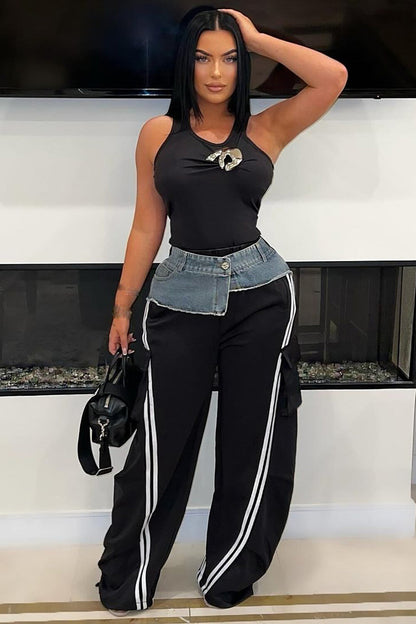 Denim Patchwork High Waist Striped Print Wide Leg Pants-Black