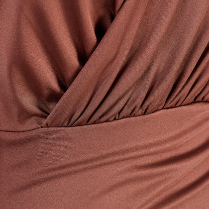 Brown V-neck Long-sleeved Pleated Dress