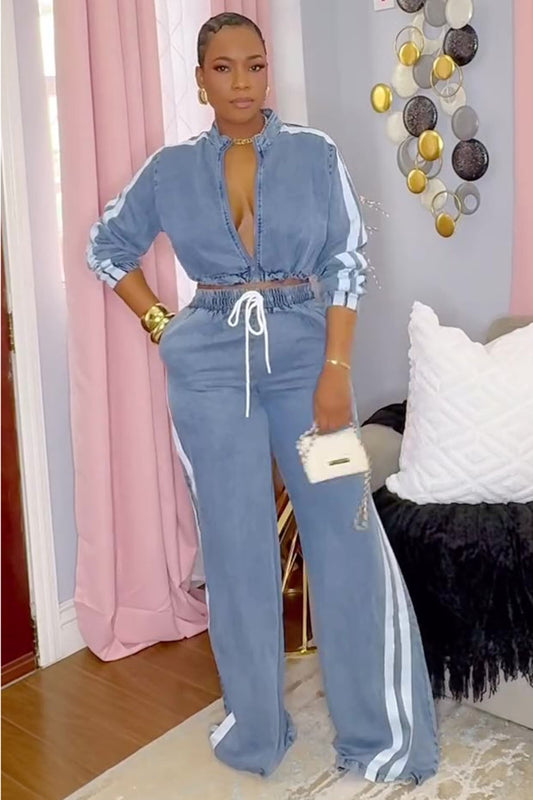 Zip-Up Jacket Stripe Decor Drawstring Pants Sporty 2pcs Set-Blue [Pre Order]