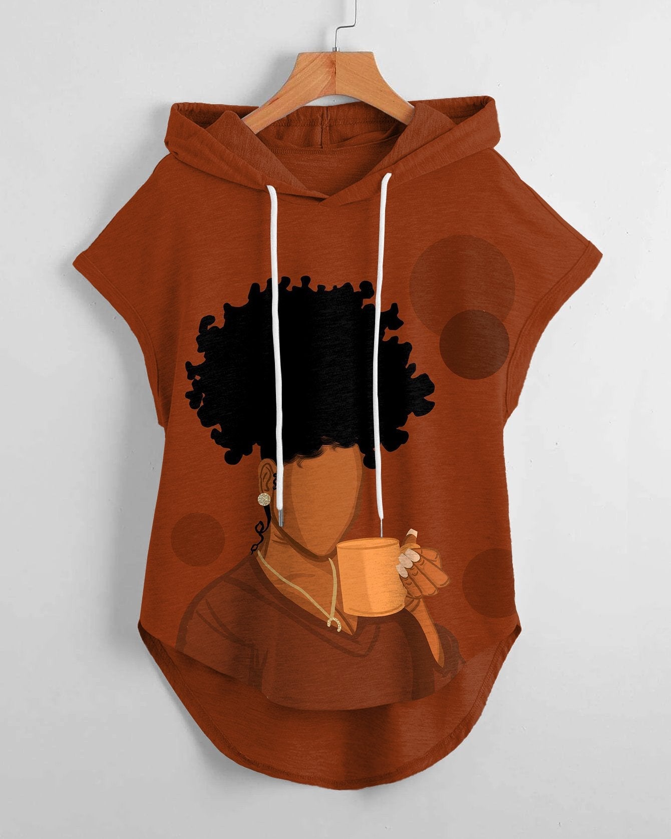 Coffee Brown Women High Low Hem Drawstring Hooded Tee