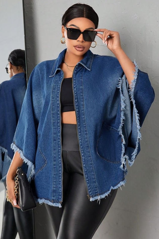 Turndown Collar Raw Edge Batwing Sleeve Denim Jacket-Blue