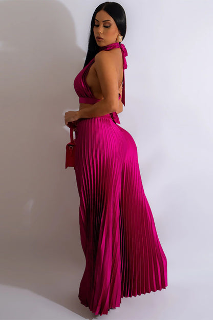 Halter Backless Crop Top Wide Leg Pleated Pants Two Pieces Set