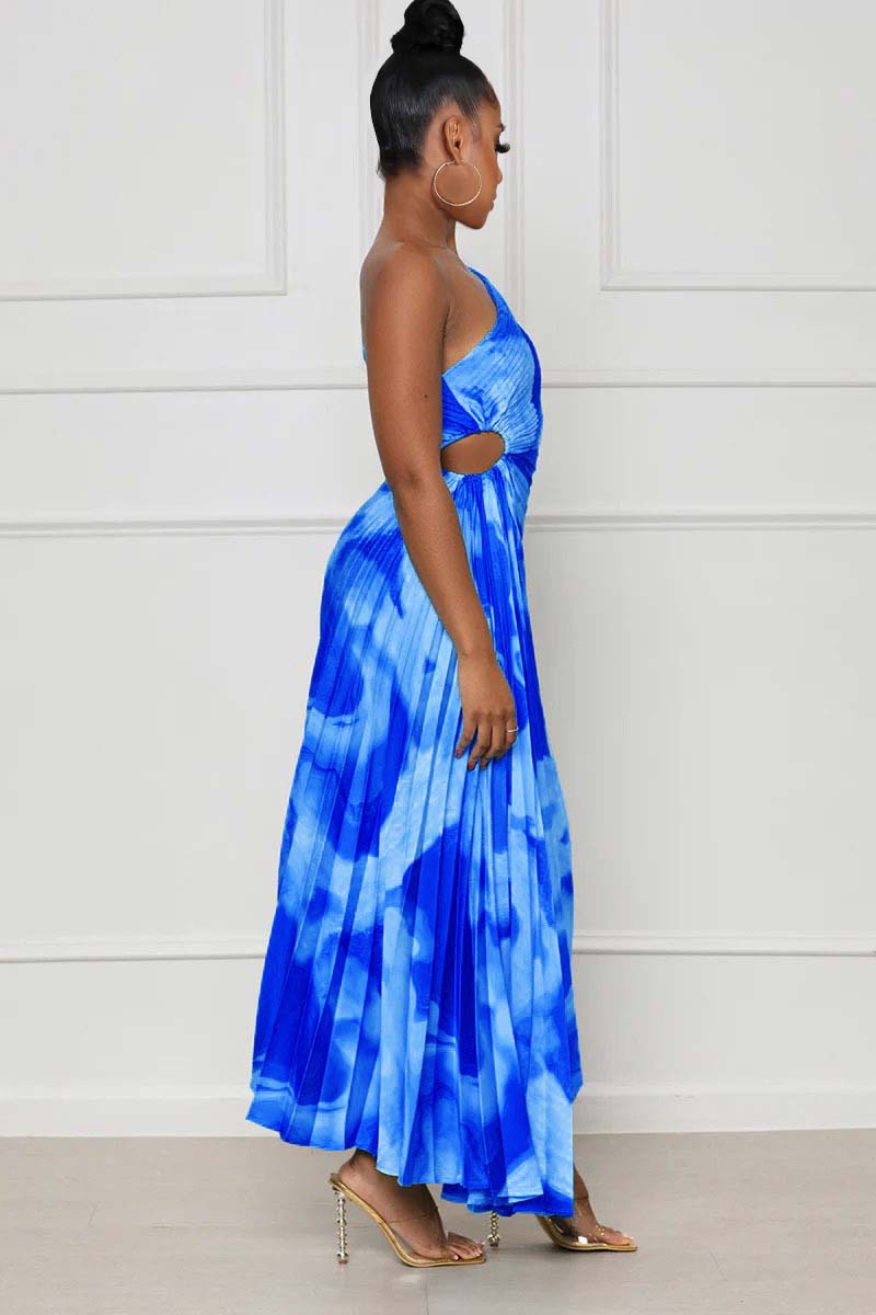 One Shoulder Sleeveless Print Cut Out Pleated Hem Maxi Dress