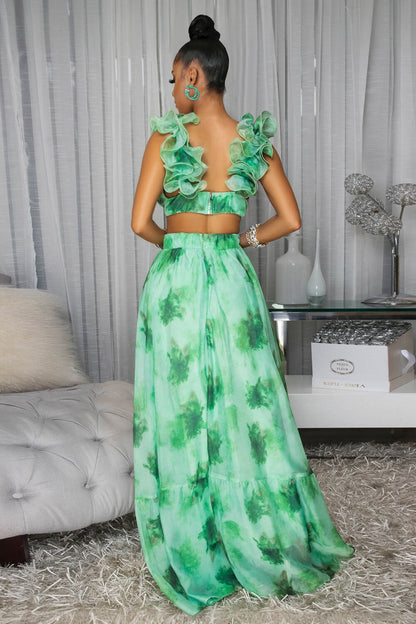Floral Print Rosette V Neck Cutout Party Maxi Dresses-Green [Pre Order]