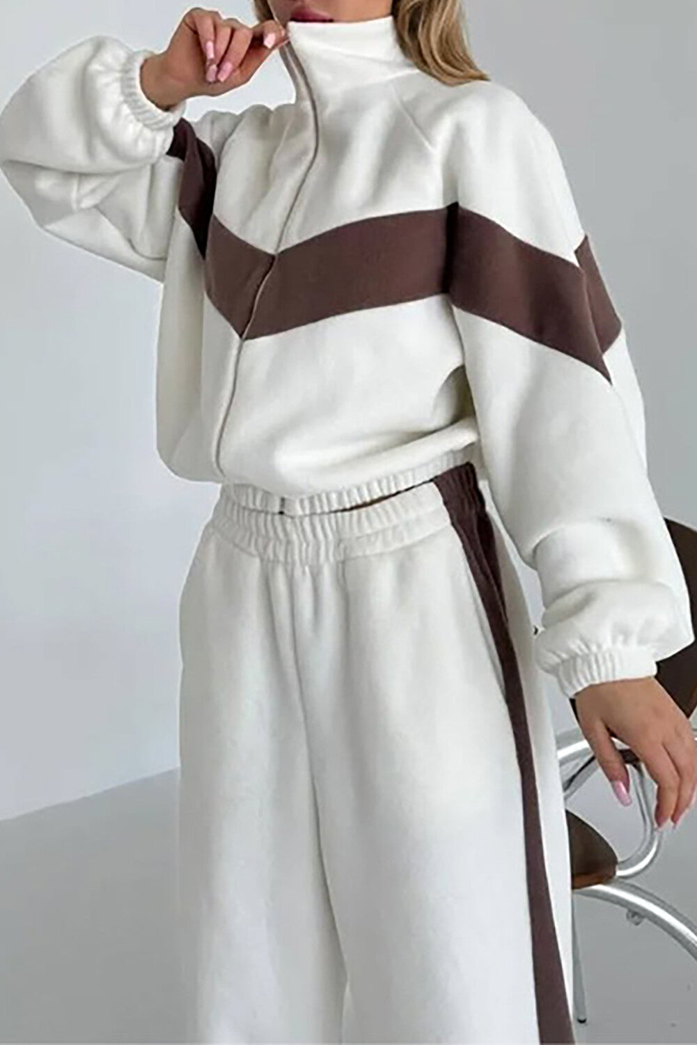 Colorblock Long Sleeve Track Jacket Casual Pants Matching Set-Brown