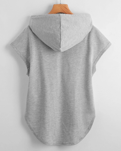 Pure Solid Color High Low Hem Drawstring Hooded Tee