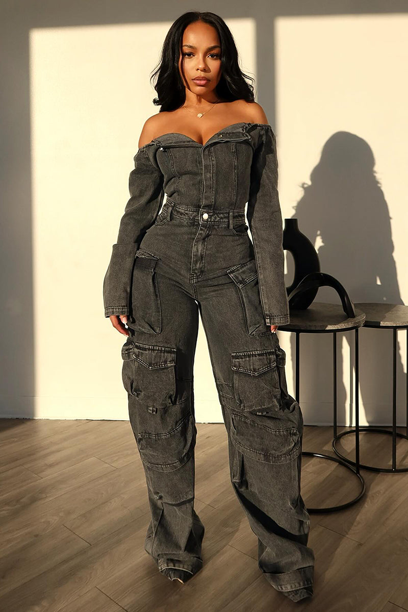 Vintage Off Shoulder Long Sleeve Quilted Cargo Pockets Denim Wide Leg Jumpsuit-Black