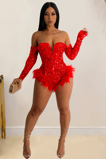 Sequin Off Shoulder V Neck Feather Trim Party Bodysuit