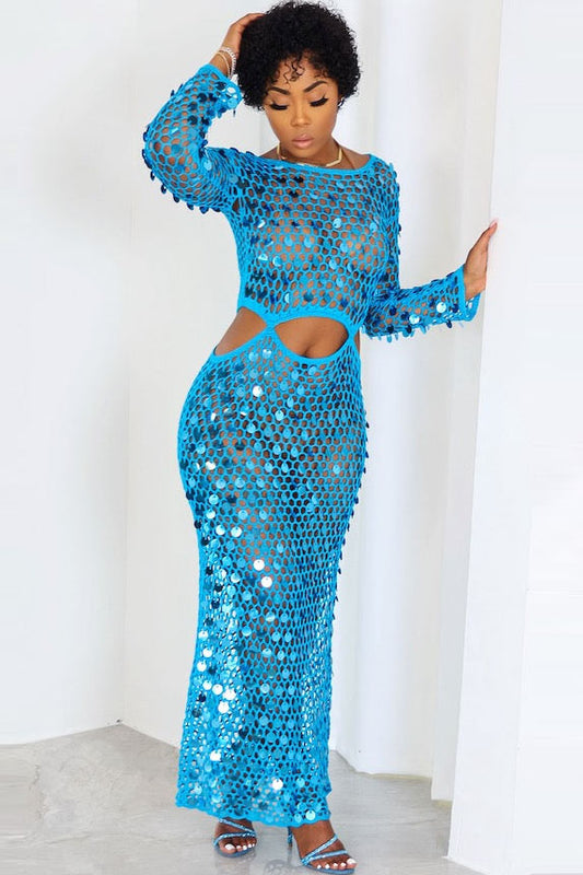 Crochet Sequins Cover Up Long Sleeve Cut Out Maxi Dresses