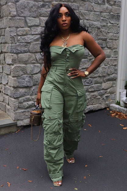 Strapless Button Multi Pocket Straight Leg Cargo Jumpsuit