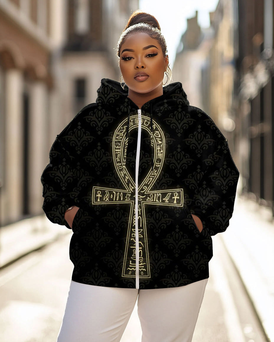 Women Ethnic Ankh Cross Print Long Sleeve Zipper Hoodie