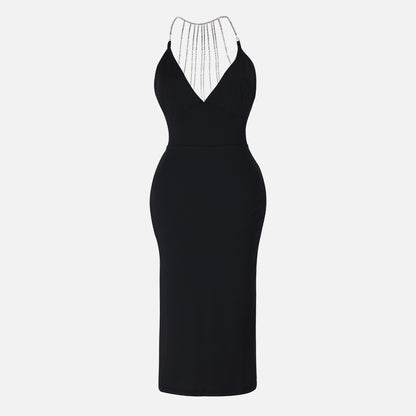 Black Rhinestone Backless Bodycon Dress