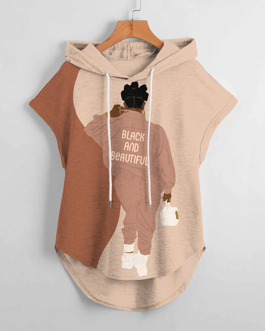 Black and Beautiful Hem Drawstring Hooded Tee