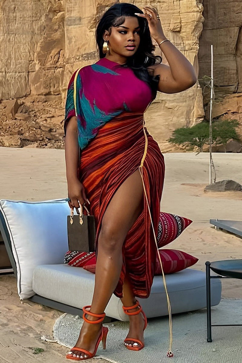 Pleated Multicolored One Shoulder Half Sleeve High Slit Vacation Midi Dresses