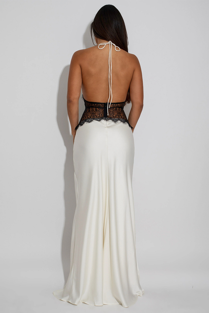 Lace Patchwork Deep V Neck Halter Satin Slim Fit Maxi Dresses-White