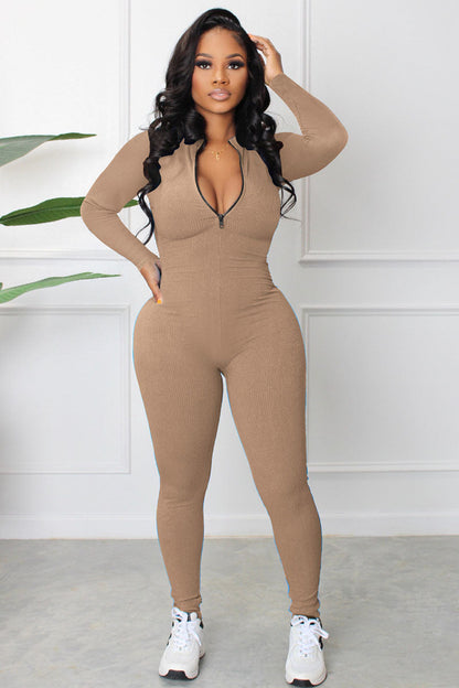 Knit Bodycon Long Sleeve Zipper Sporty Jumpsuit