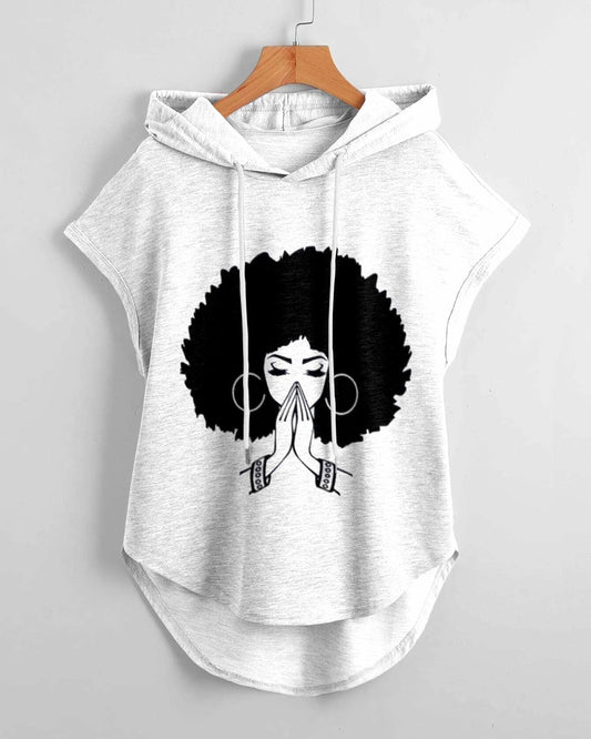 Afro Praying Girl High Low Hem Drawstring Hooded Tee