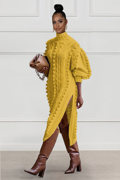 Knit Turtleneck Sweater Long Bell Sleeve Slit Midi Dresses