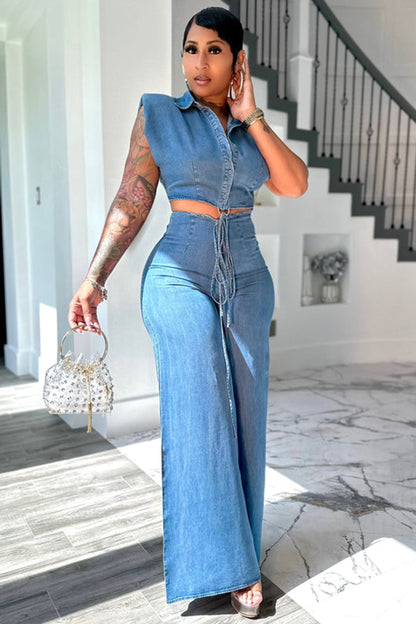 Button Up Sleeveless Top Wide Leg Pants Denim 2pcs Set-Blue [Pre Order]