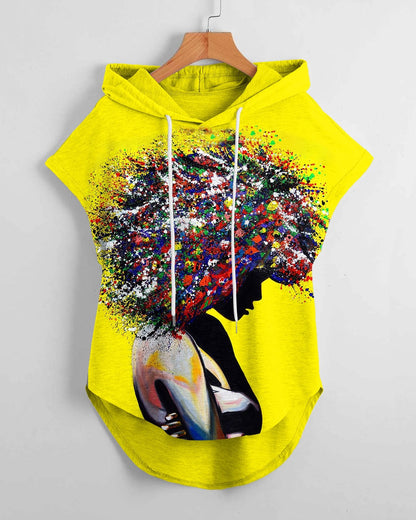 Color Oil Painting Afro Girl High Low Hem Drawstring Hooded Tee