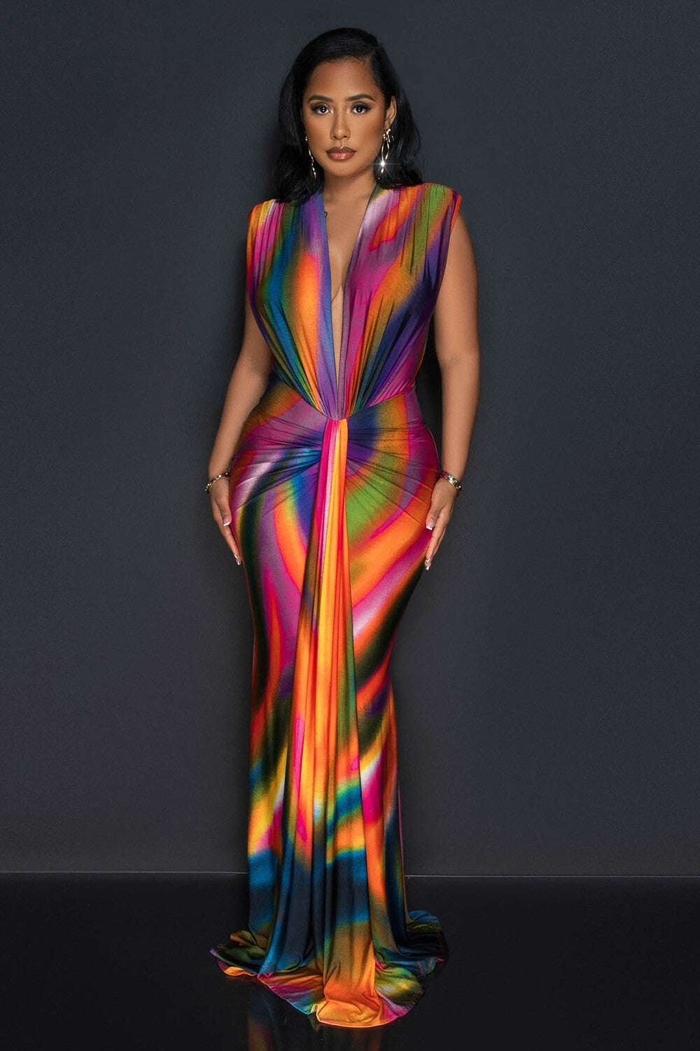 Multicolor Print Deep V Neck Sleeveless Bodycon Streamer Maxi Dresses-Orange