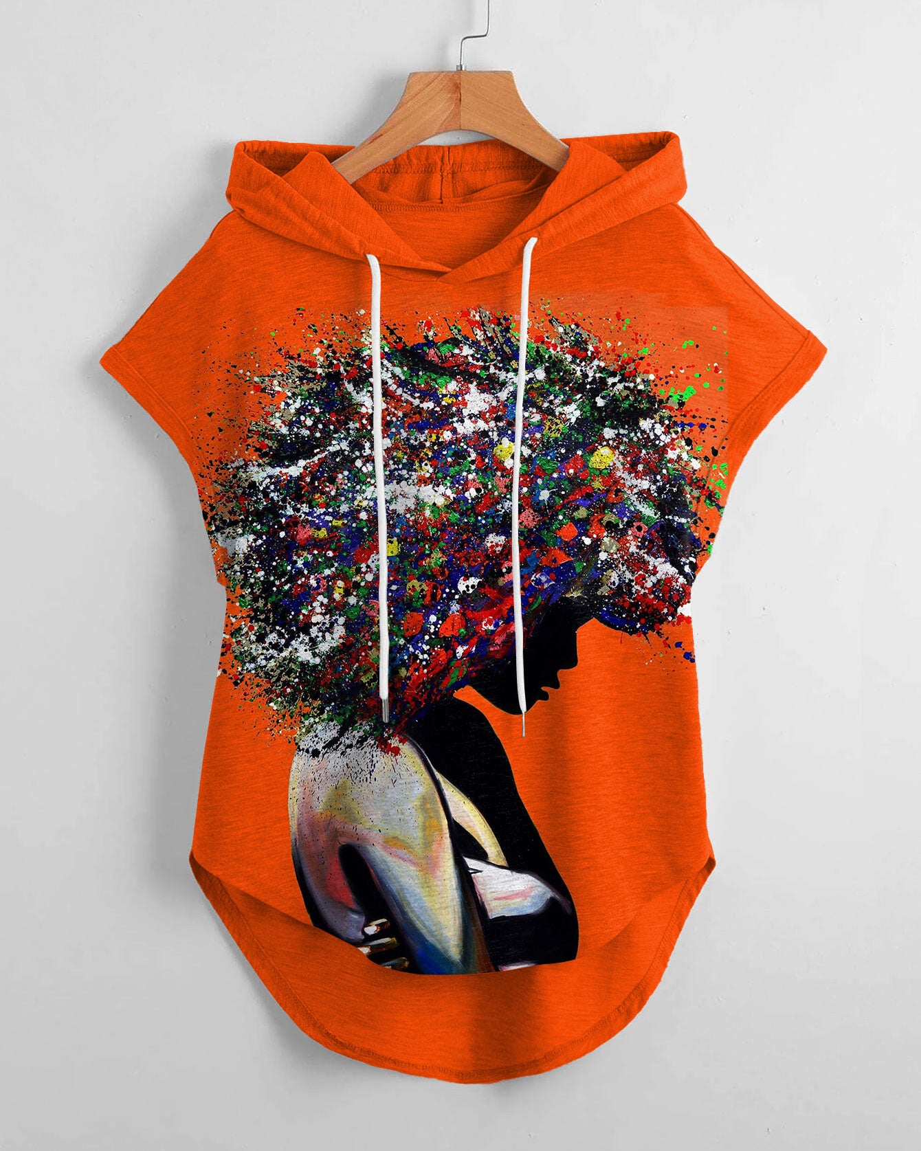 Color Oil Painting Afro Girl High Low Hem Drawstring Hooded Tee