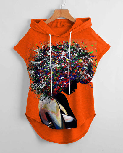 Color Oil Painting Afro Girl High Low Hem Drawstring Hooded Tee