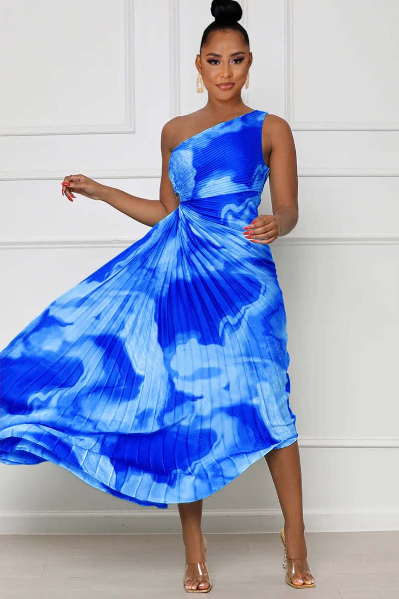 One Shoulder Sleeveless Print Cut Out Pleated Hem Maxi Dress