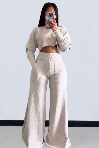 Plain Long Sleeve Crop Sweatshirt Pocket Wide Leg Pants Matching Set-Grey