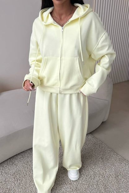 Zip-Up Hooded Track Jacket Solid Color Wide Leg Pants Matching Set-Pink