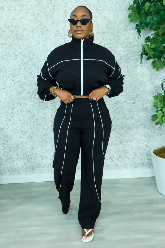 Contrast Trim Zip-Up Crop Track Jacket Casual Pants 2pcs Set-Black [Pre Order]