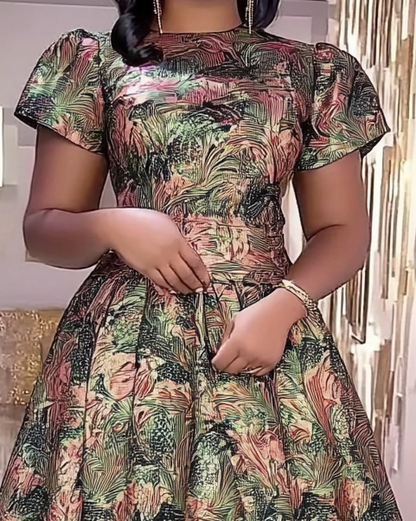 Women's Summer Elegant Round Neck Short Sleeve Pattern Midi Dress