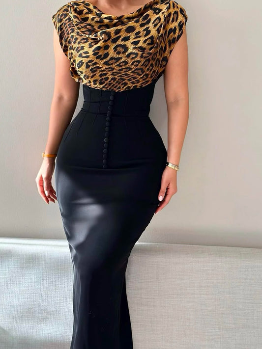 Leopard Print Patchwork Solid Color Bodycon Dress