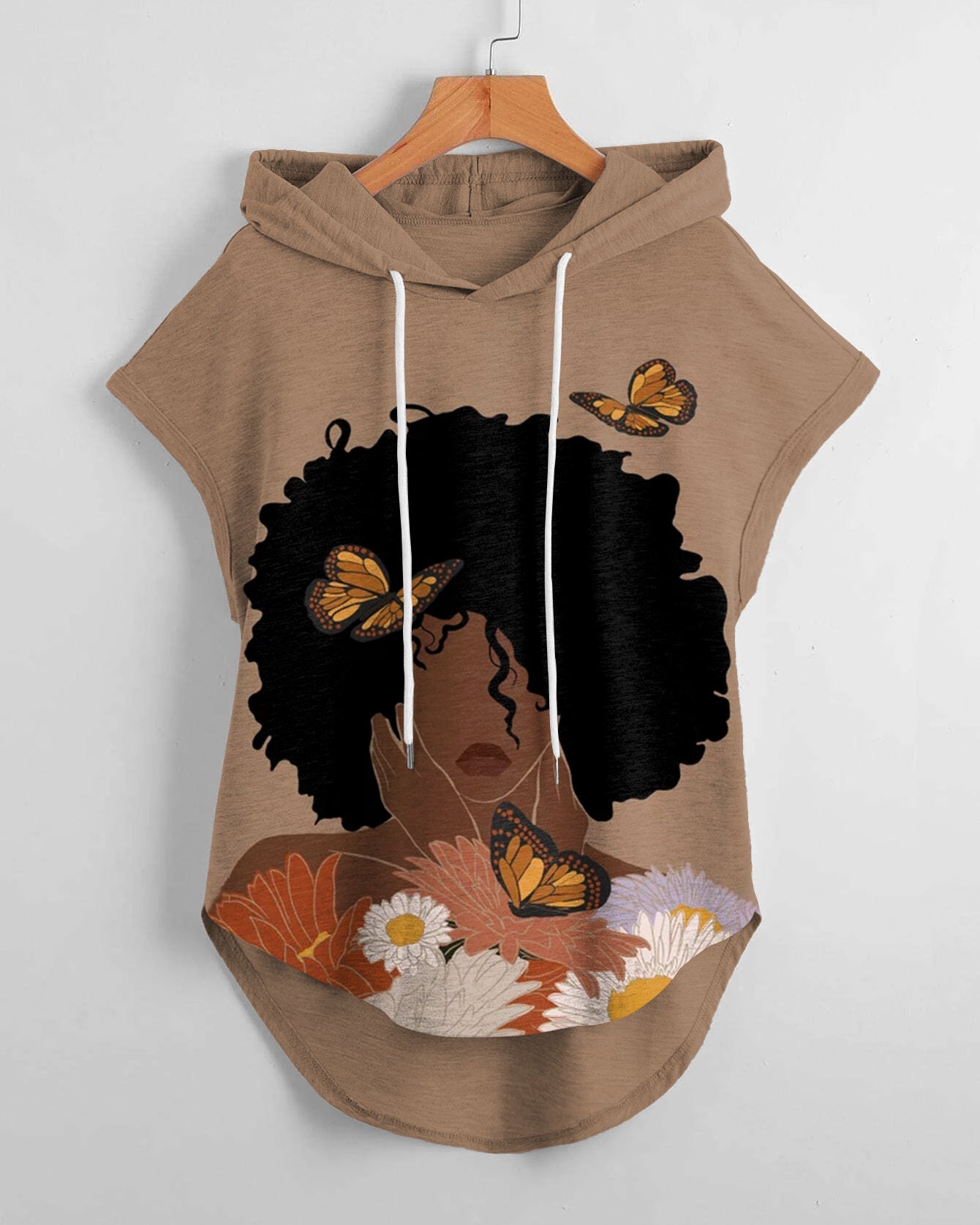 Woman Flower Art Hem Drawstring Hooded Tee