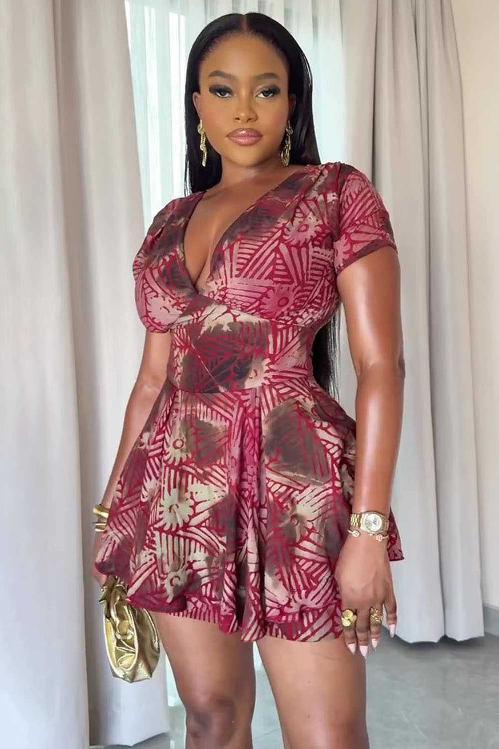 V Neck Short Sleeve Floral Print Pleated A-Line Mini Dresses-Red [Pre Order]