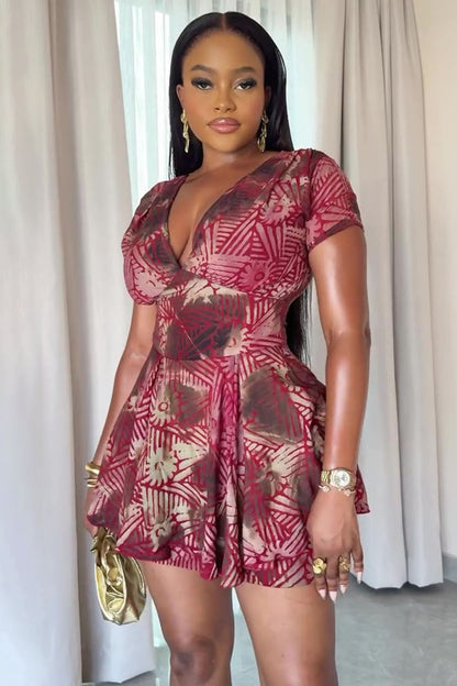 V Neck Short Sleeve Floral Print Pleated A-Line Mini Dresses-Red [Pre Order]