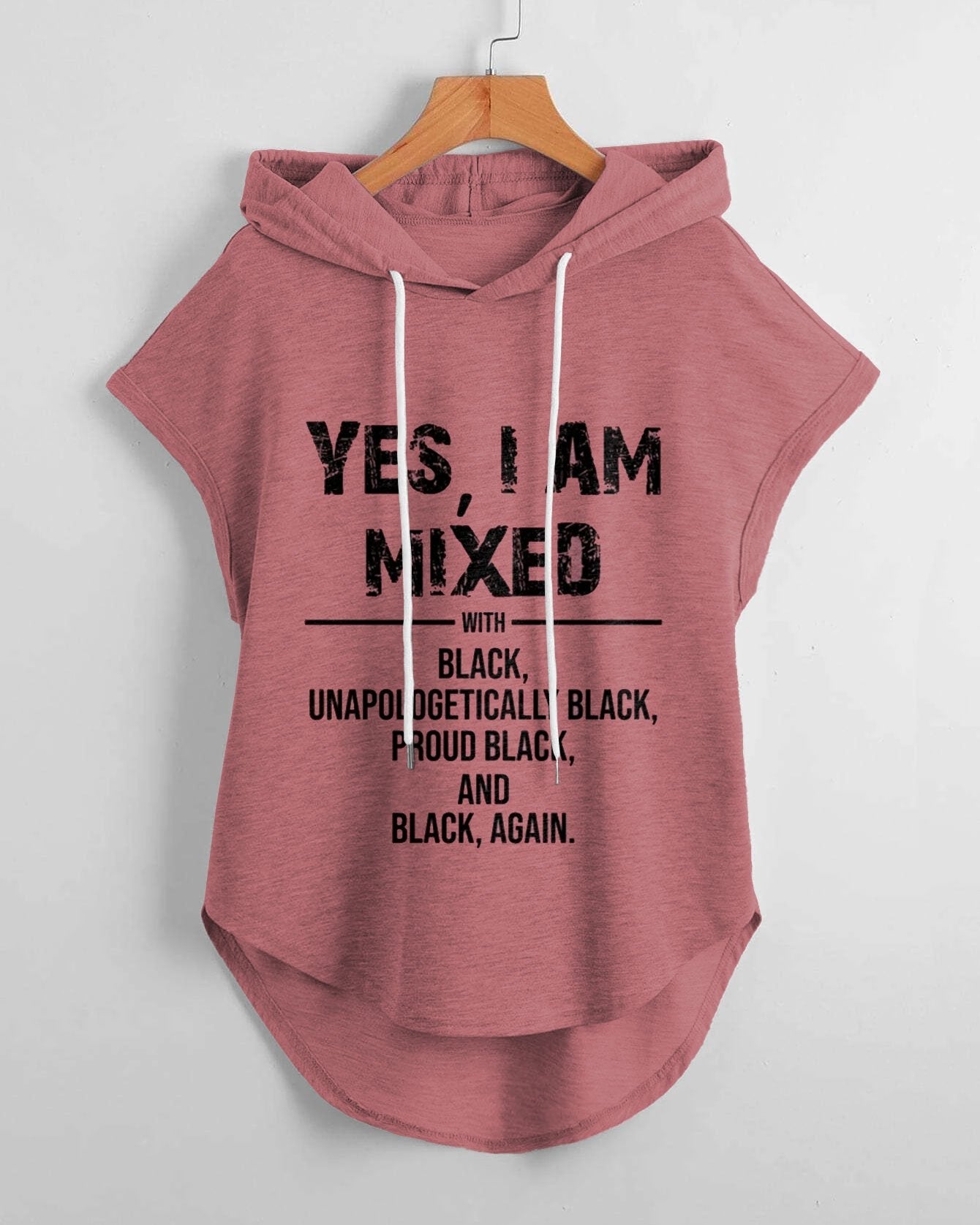 I Am Mixed with Black Low Hem Drawstring Hooded Tee